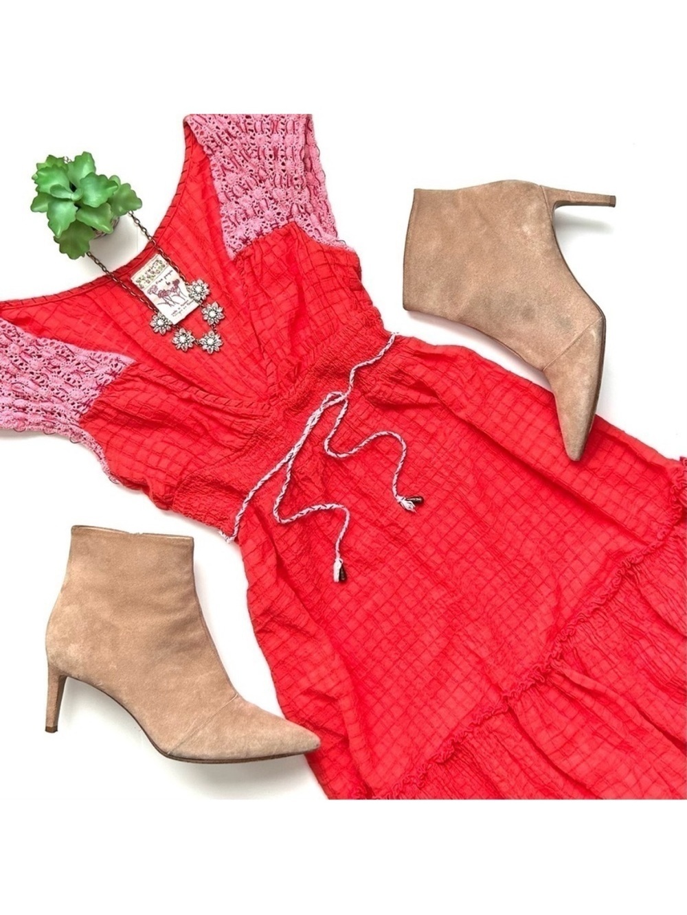 Vintage Free People Pink Red Crochet Smocked Mini Dress V-Neck Size 6